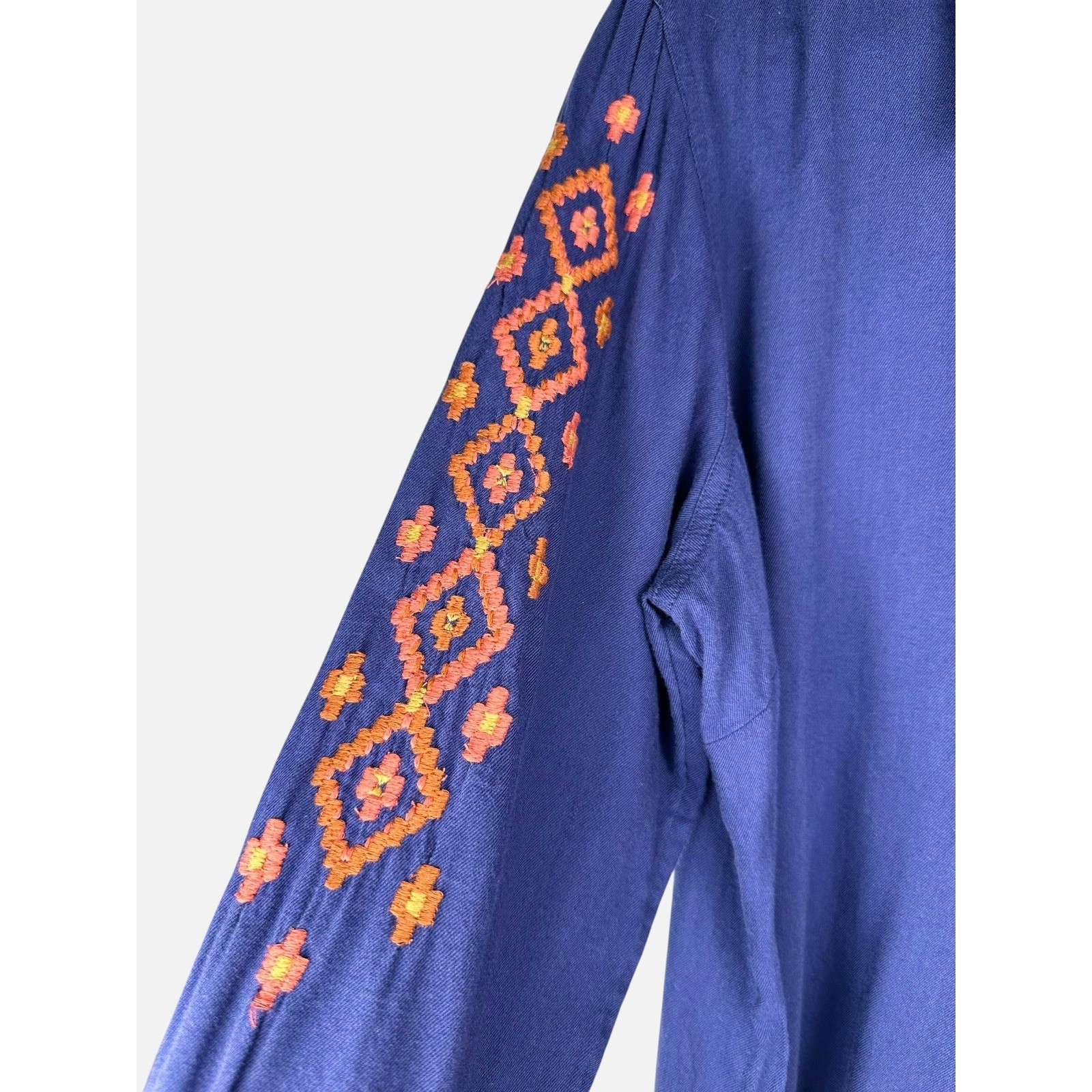 Coldwater Creek Blue Embroidered Button Back Tunic Western Southwest Boho Cotton