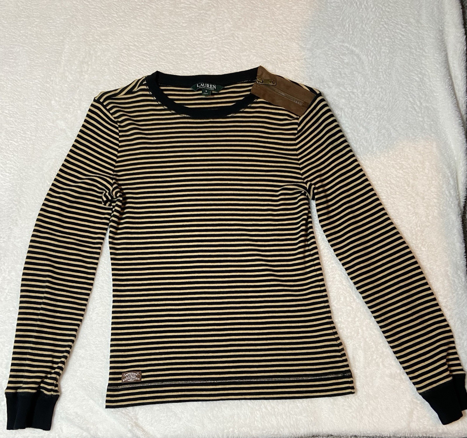 Lauren Ralph Lauren Striped Knit Crew Neck Long Sleeve Zip Accent Top Sz S