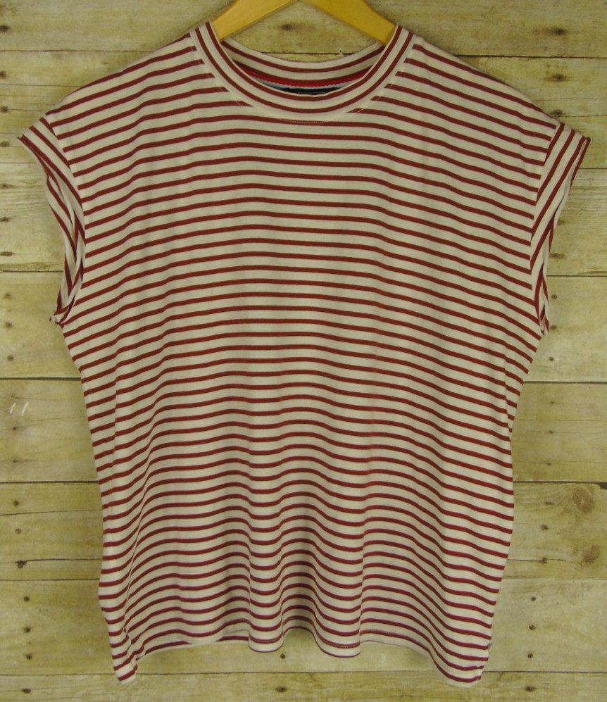 AYR The Supercool Medium Striped Cap Sleeve Top Brick Red and White Boxy *HOLE*