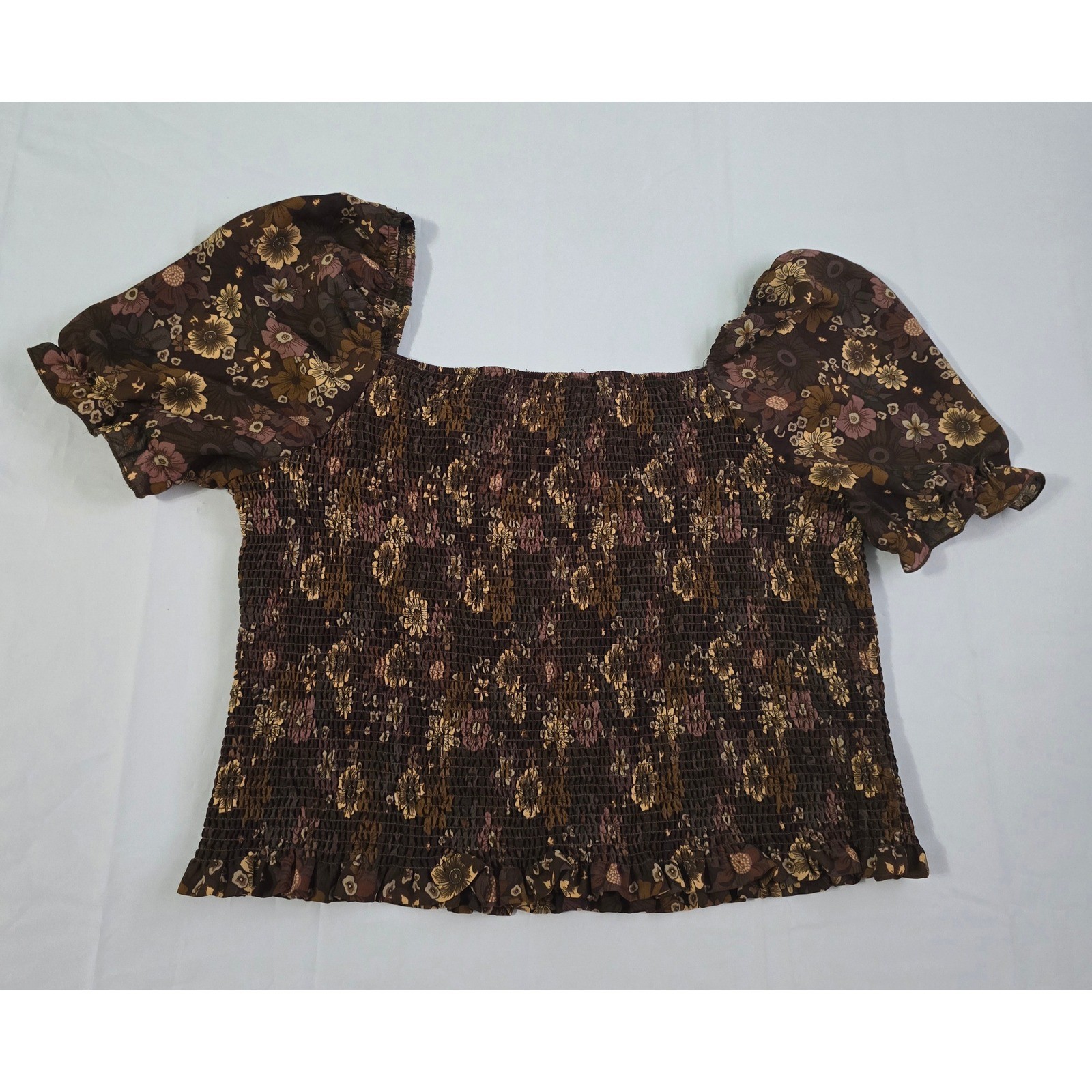 C by One Brown Floral Smocked Puff Sleeve Blouse Square Neck Top Large