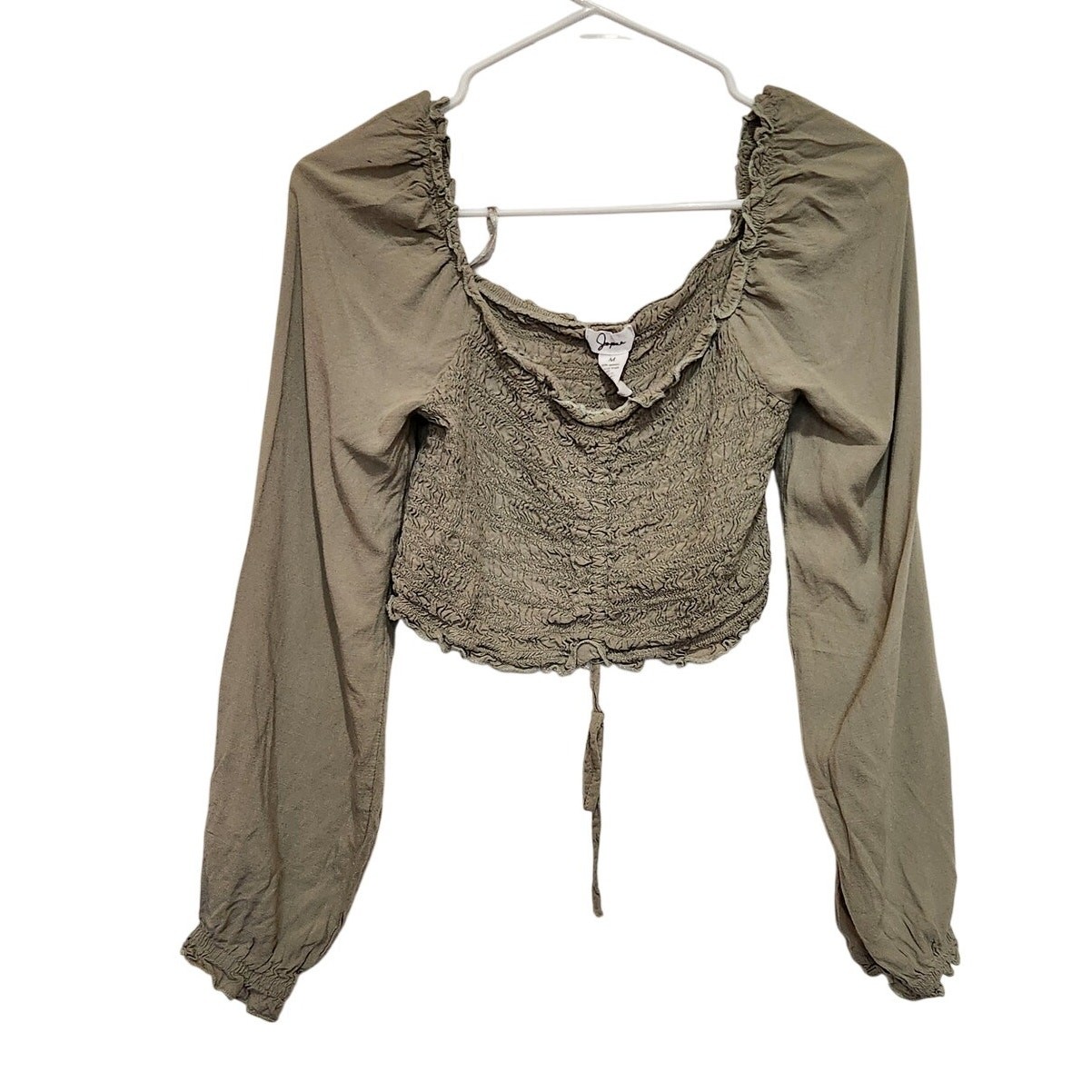 Japna Olive Green Rayon Ruched Front Smocked Long Sleeve Crop Top Size Medium