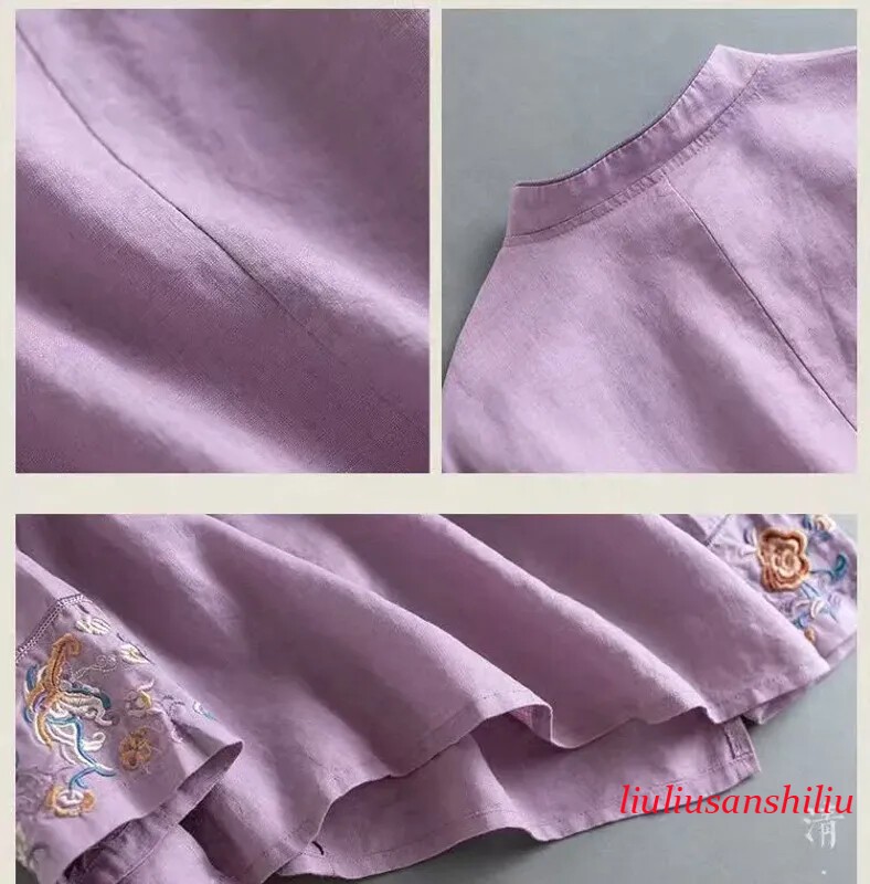 Lady Top Chinese Blouse Shirt Embroidered Floral Mandarin Collar Vintage Ethnic
