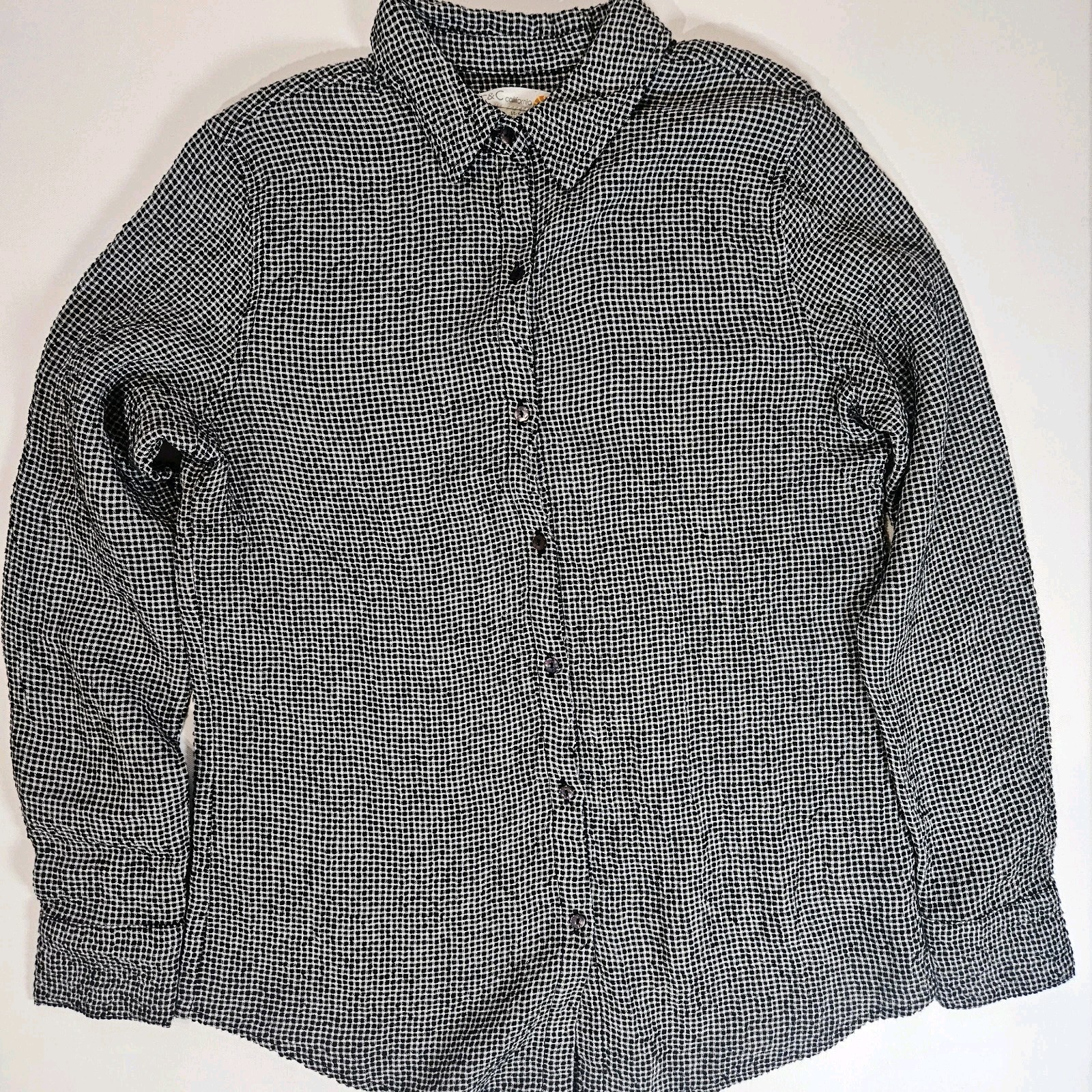 C&C California Linen Gingham Top Women Small Black White Micro Check Button Down