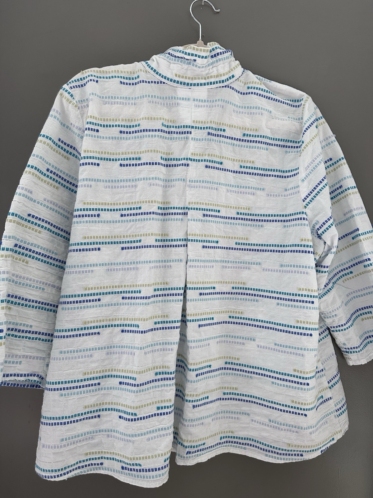 HABITAT Ruched Collar Shirt Jacket XL White Blue Multi Swing Style Pockets Boho