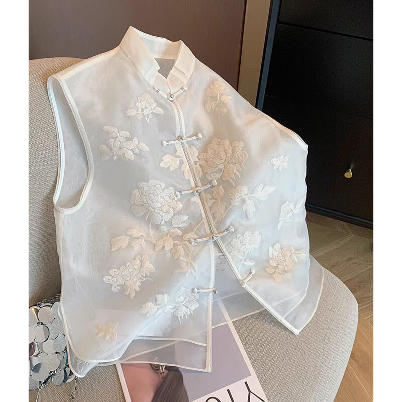 Chinese Embroidery Organza Stand Collar Vest Women’s Sleeveless Vest