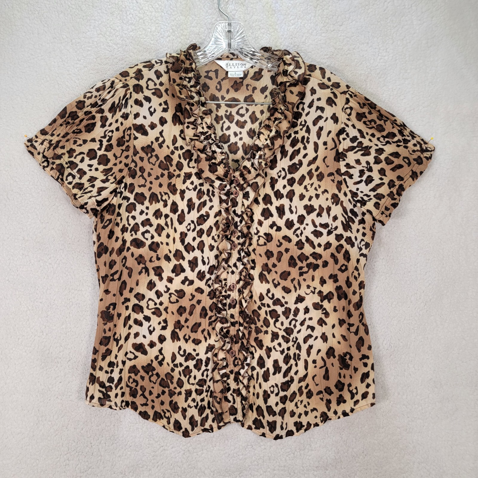 Vtg 90s Allison Taylor Womens Top Size L Brown Leopard Ruffled Unique Blouse