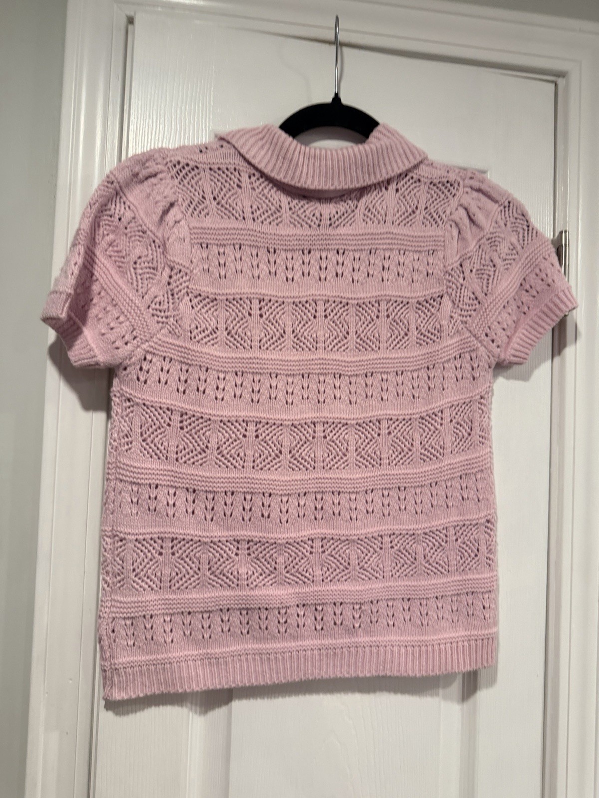 NWOT Freshman 1996 Size L Pink Pointelle Knit Sweater Polo Top Short Sleeve
