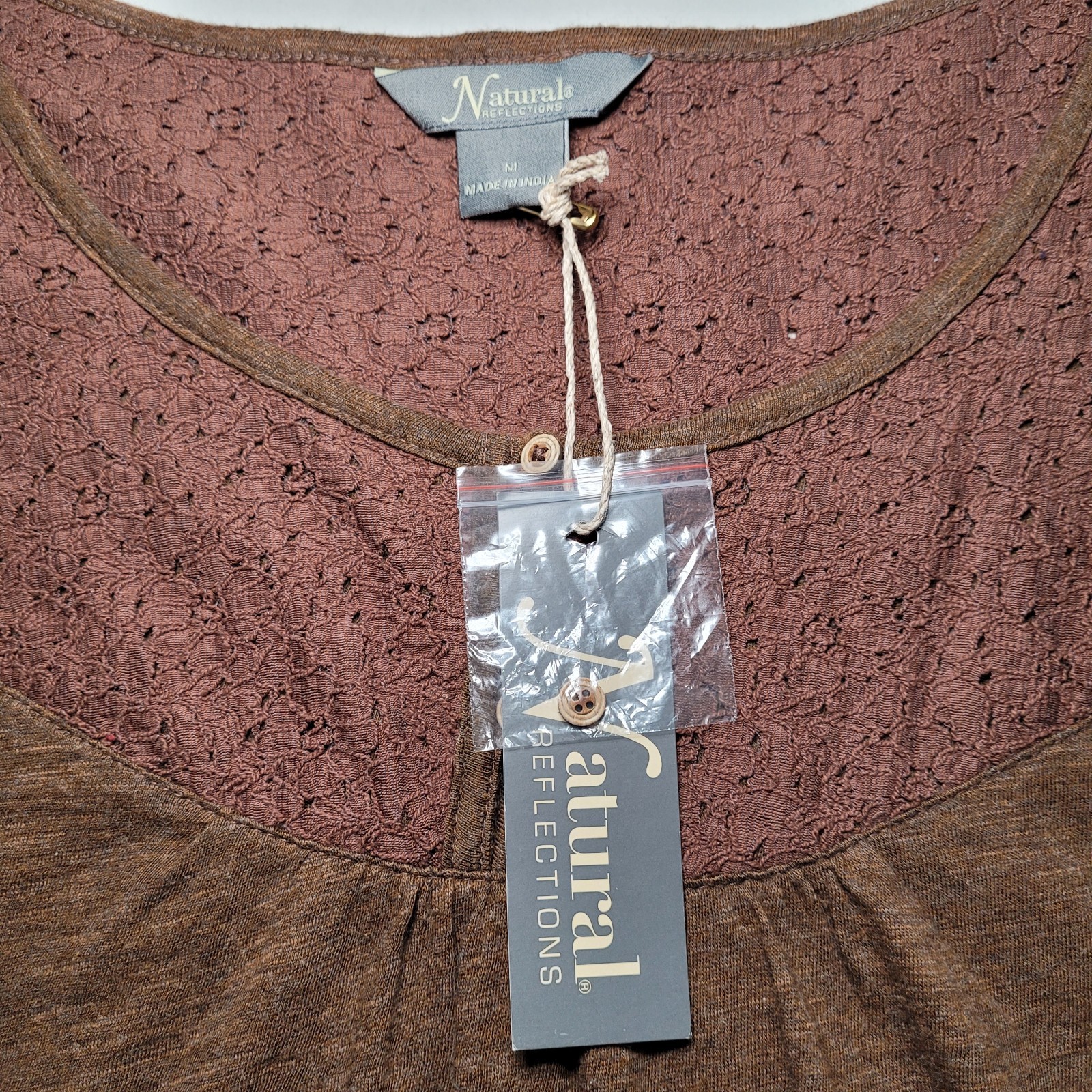 Natural Reflections Lace Trim Henley Blouse Womens Medium Brown Cottagecore Boho