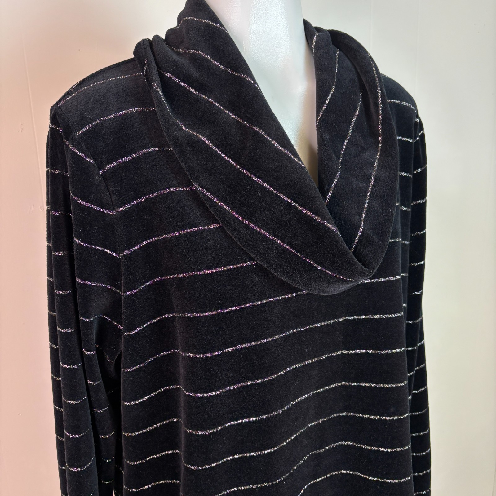 Talbots Top Large Black Velour Cowl Neck Silver Sparkle Stripe Long Sleeve Shirt