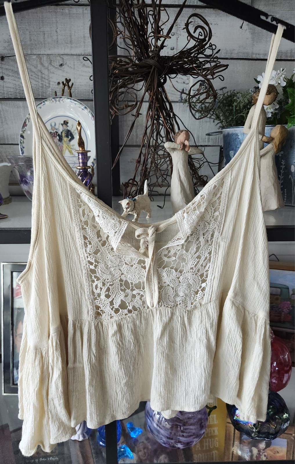 Whimsical Cropped Tank With Crocheted Accent With Bow Tie Ivory Gause Size L