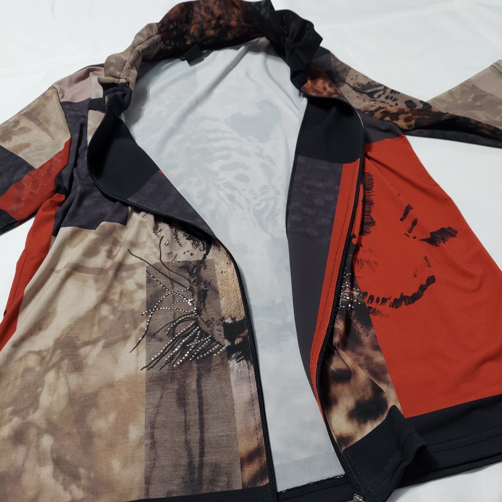 Valentina Tiger Print Zip Front Top Womens L Rhinestone Embellished 3/4 Sleeve