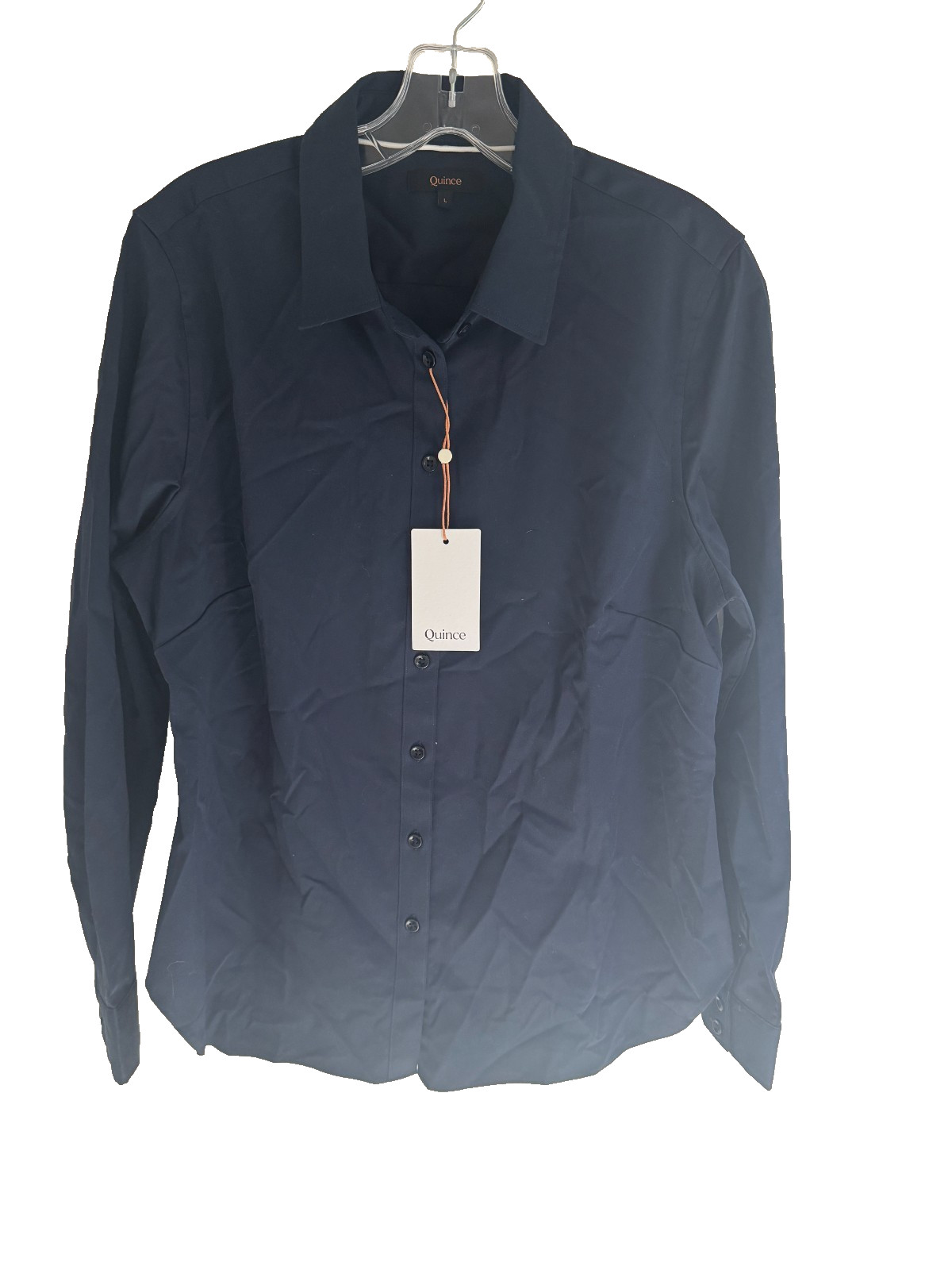 Quince NWT Organic Stretch Cotton Tailored Shirt Women’s L Navy Blue Minimalist