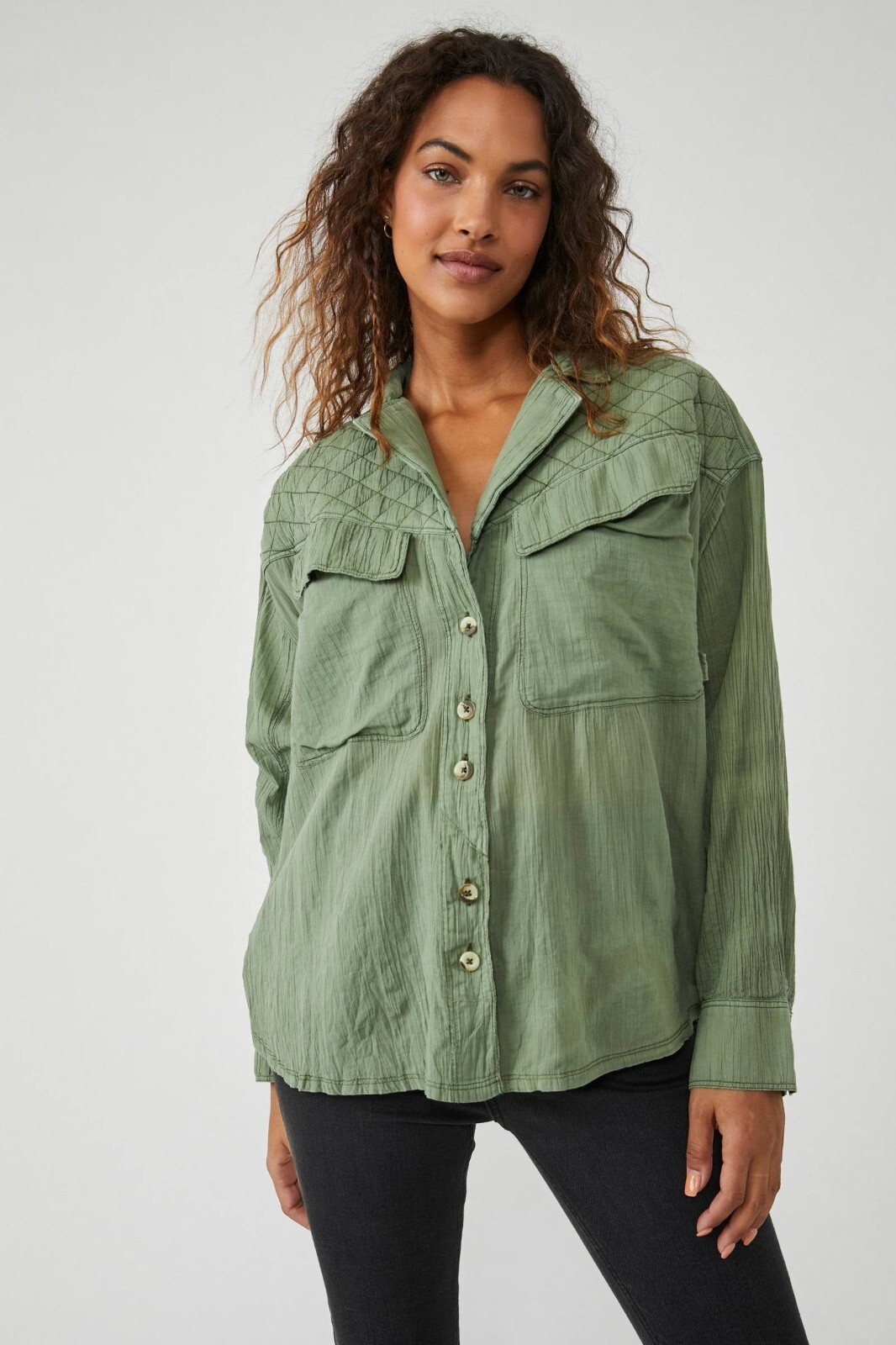 Free People We The Free Silver Lining Quilted Shirt Pocket Top Cotton S 256933