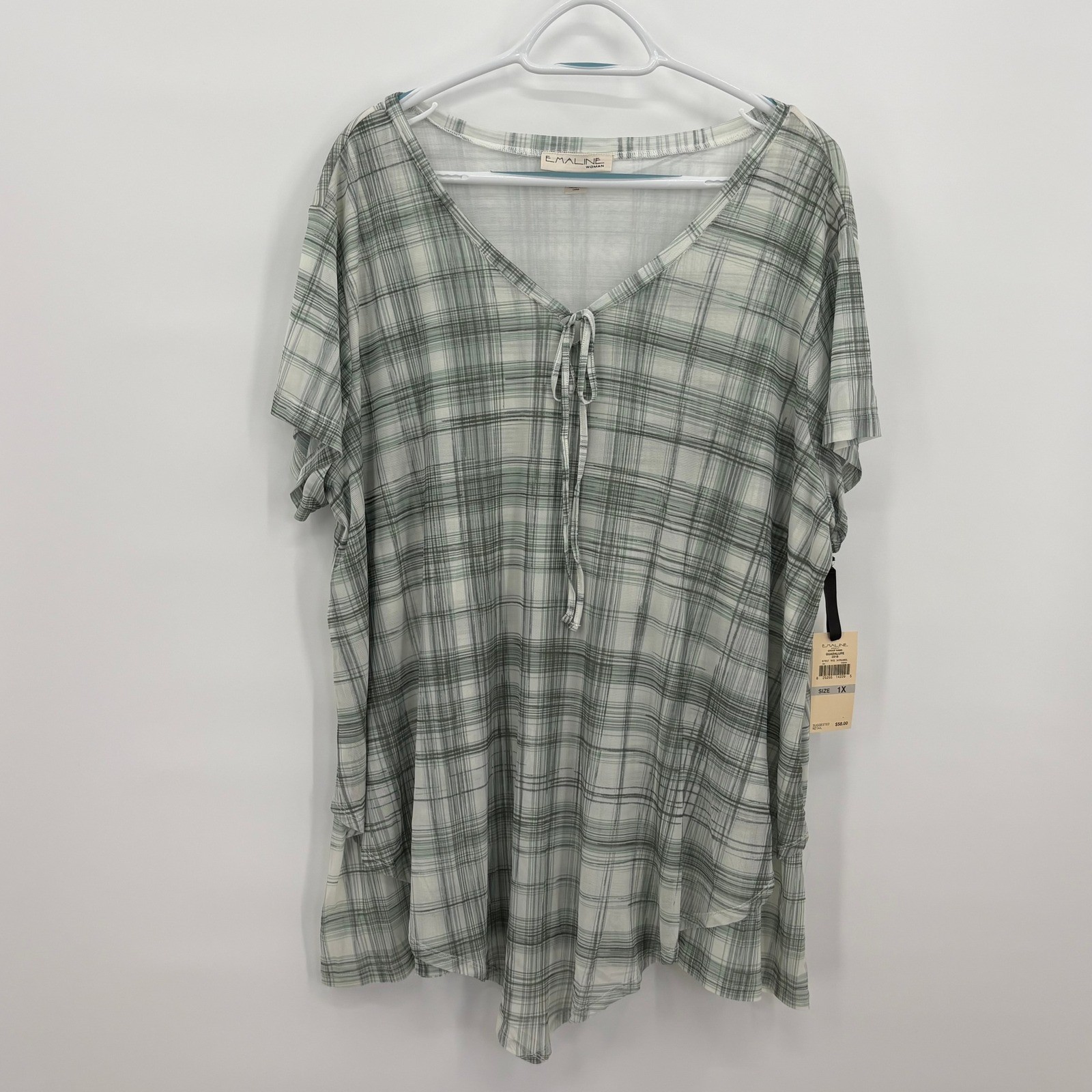 Emaline Woman Plus Size 1X Green Plaid Mesh V-Neck Tie Front Top NWT Guadalupe