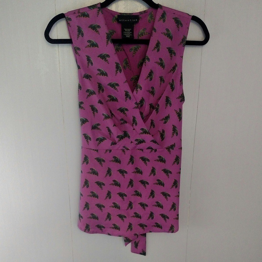 Attention Wrap Style Purple Feather Print Top