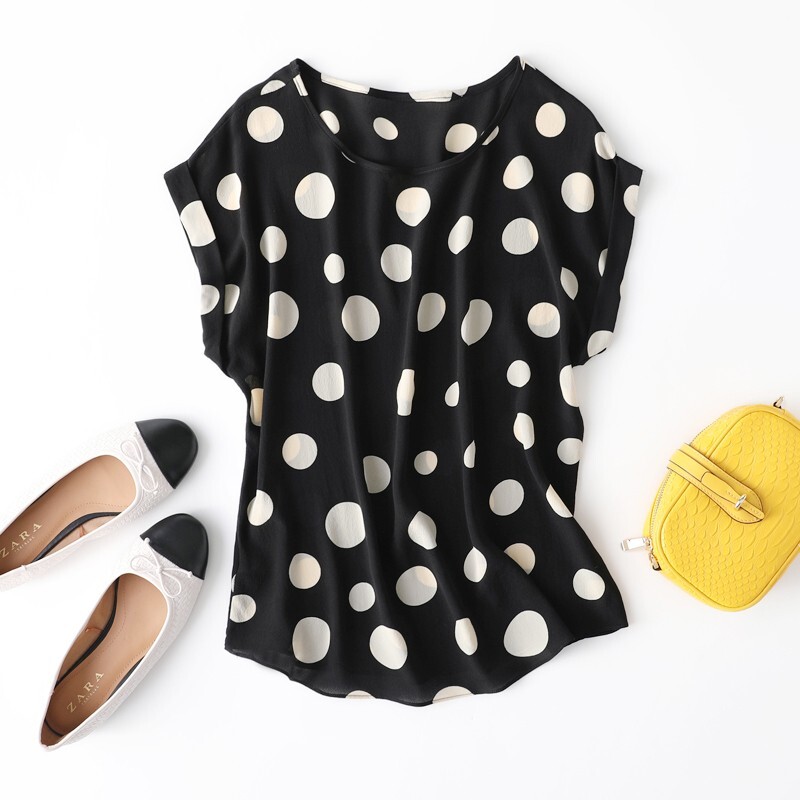 100% Mulberry Silk Black Polka Dots Short Sleeve Women T-Shirt Shirt Top MM142