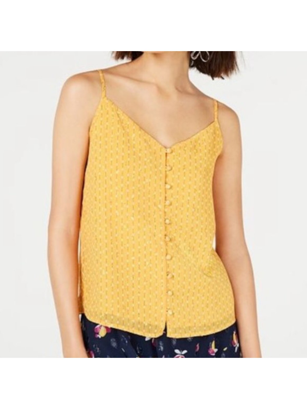 MAISON JULES Womens Top Tank Sheer Spaghetti Strap V Neck Button Front