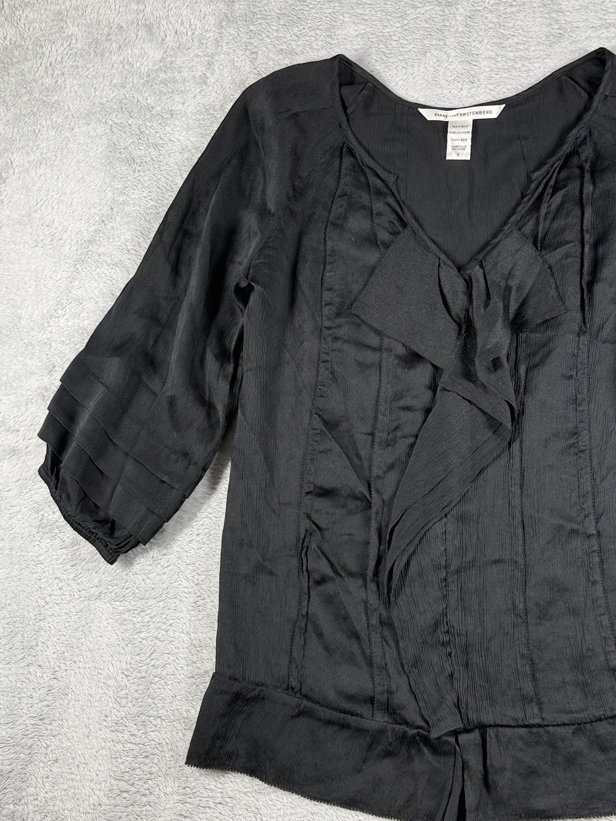 Diane von Furstenberg Blouse Womens 2 Black Silk Ruffle 3/4 Sleeve Dressy Top