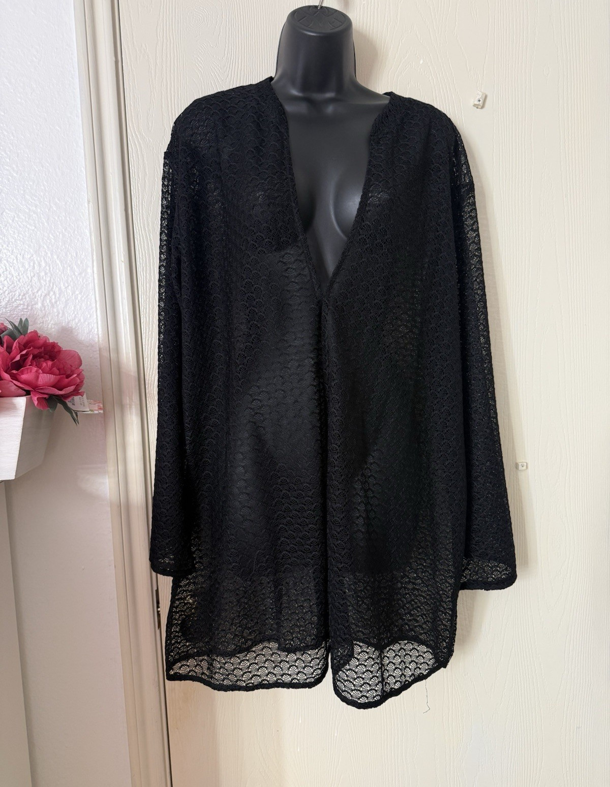 Primark Women’s Black Sheer Lace V-Neck Open Front Long Sleeve Cardigan M
