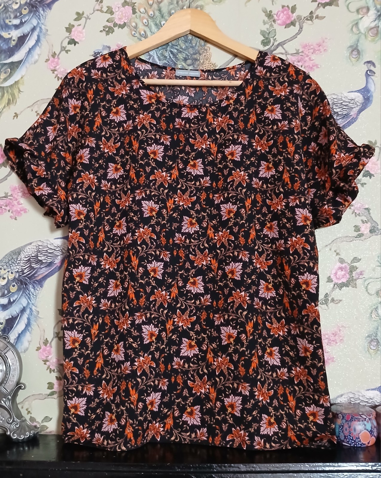 Vintage style black burgundy & orange floral tunic top size 18 Dorothy Perkins