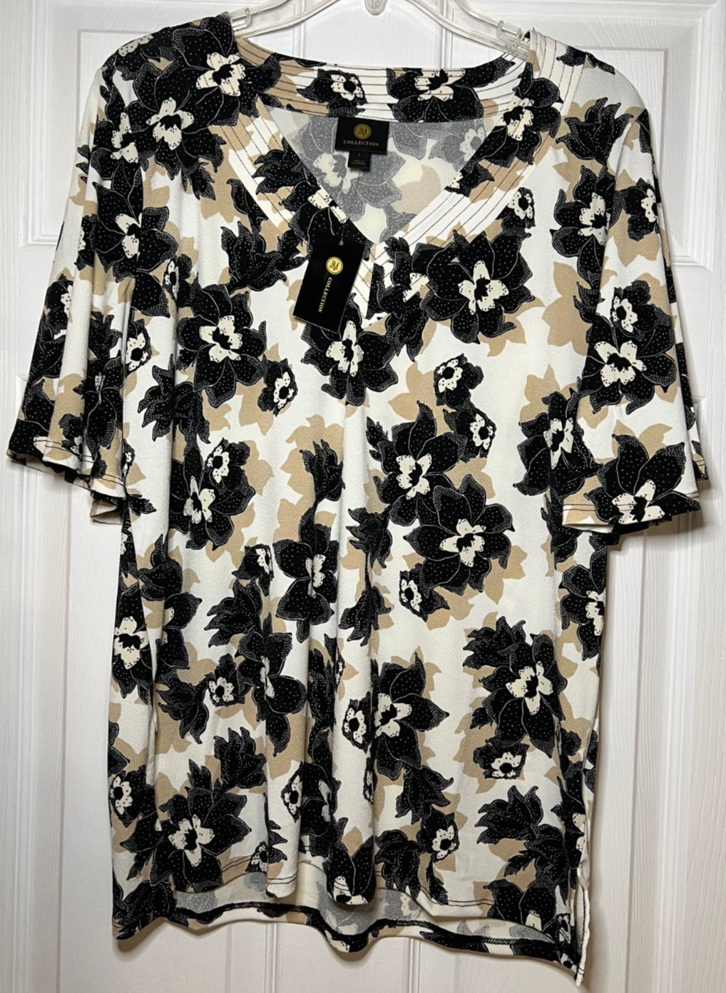 JM Collection Crepe Blouson Shirt V-Neck Short Sleeve Whisper White Large -NWT