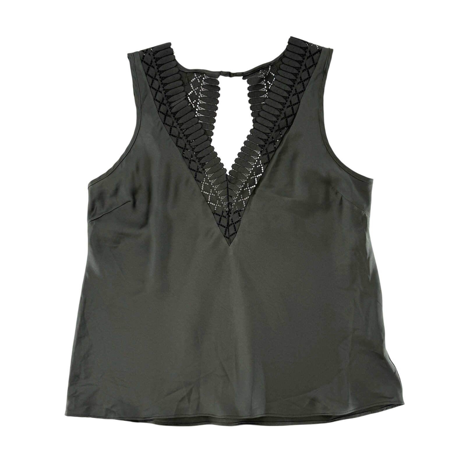 Etam Womens Sleeveless V-Neck Lace Trim Keyhole Back Blouse Dark Olive Green M