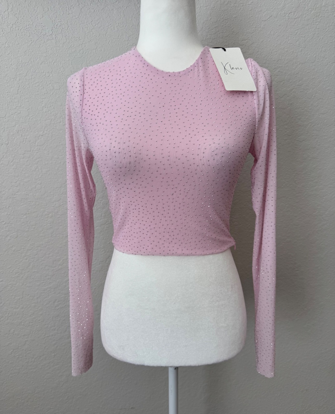 NWT Klesis Pink Long Sleeve Crop Rhinestone Top Women’s Size S J