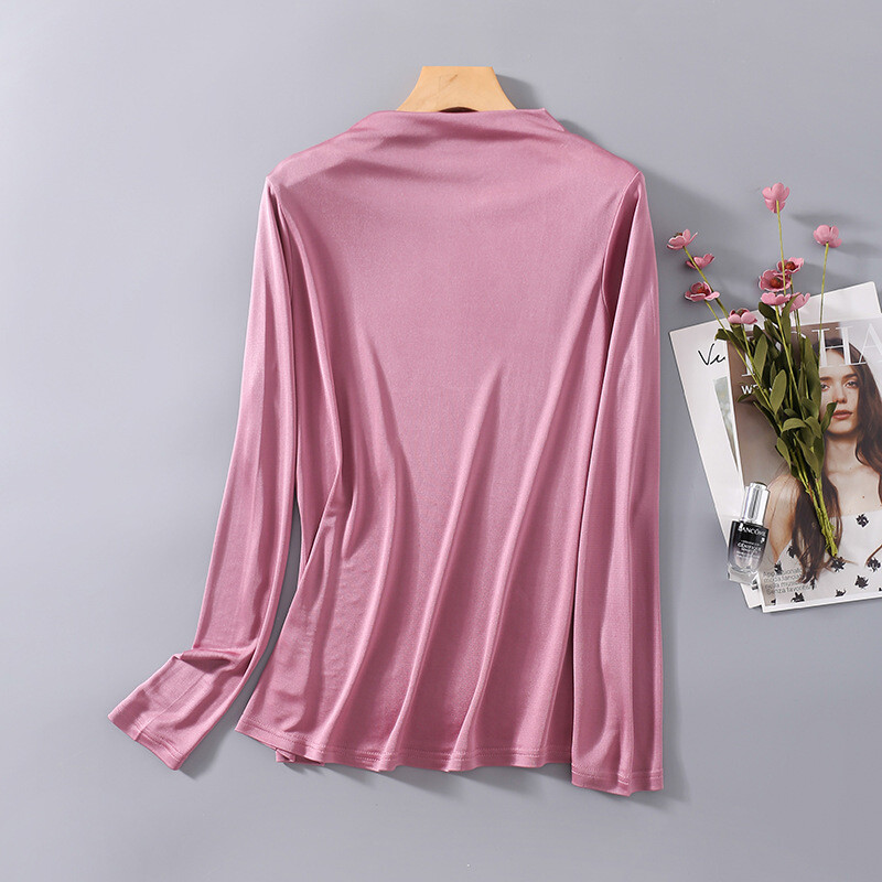 Women’s 100% Mulberry Silk Knitted Mid Neck T Shirt Undershirt Long Sleeve Top
