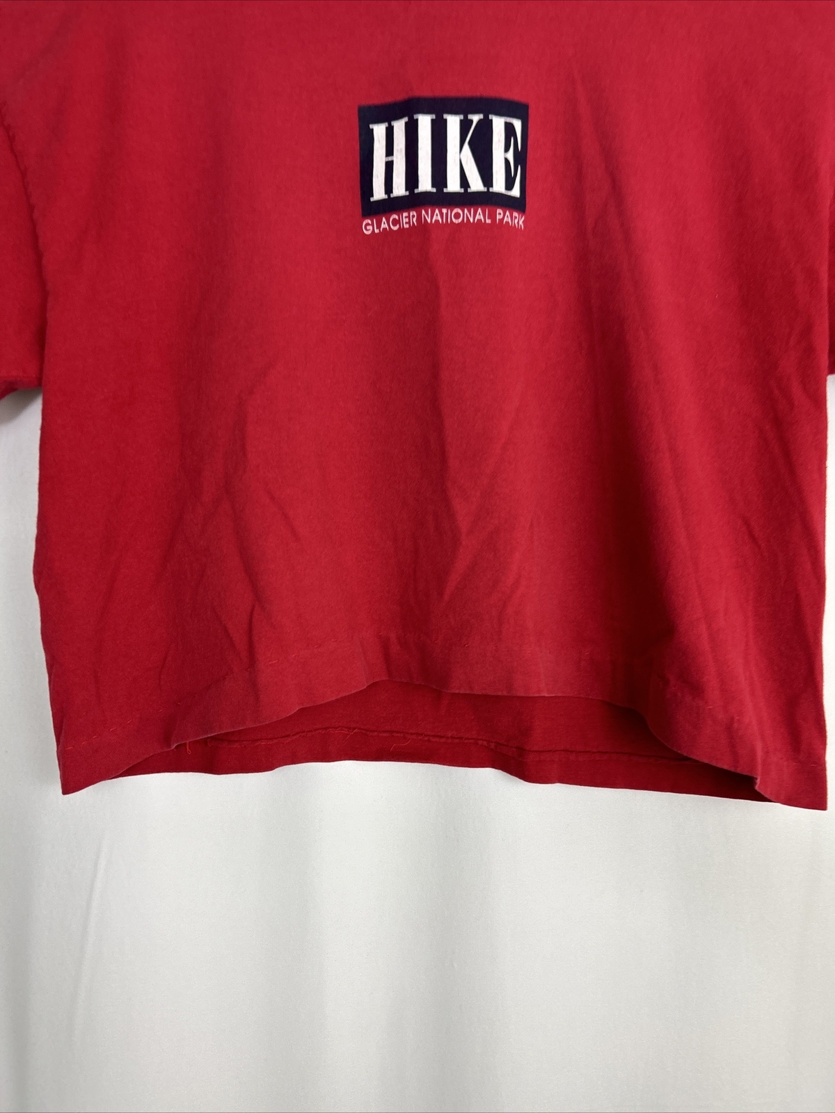 Vintage Womens Large Red Cropped T Shirt Short Sleeve Hike Glacier National Park