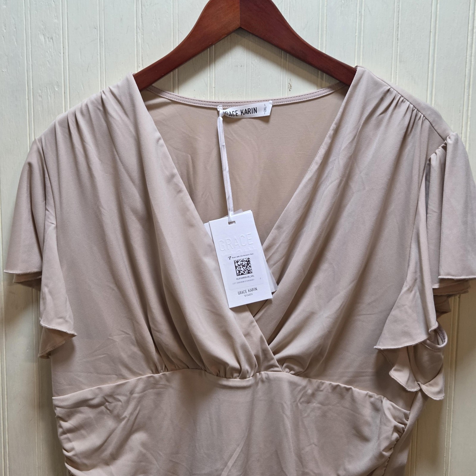 Grace Karin Blouse Womens 2XL Beige V Neck Short Flutter Sleeve Ruched Top