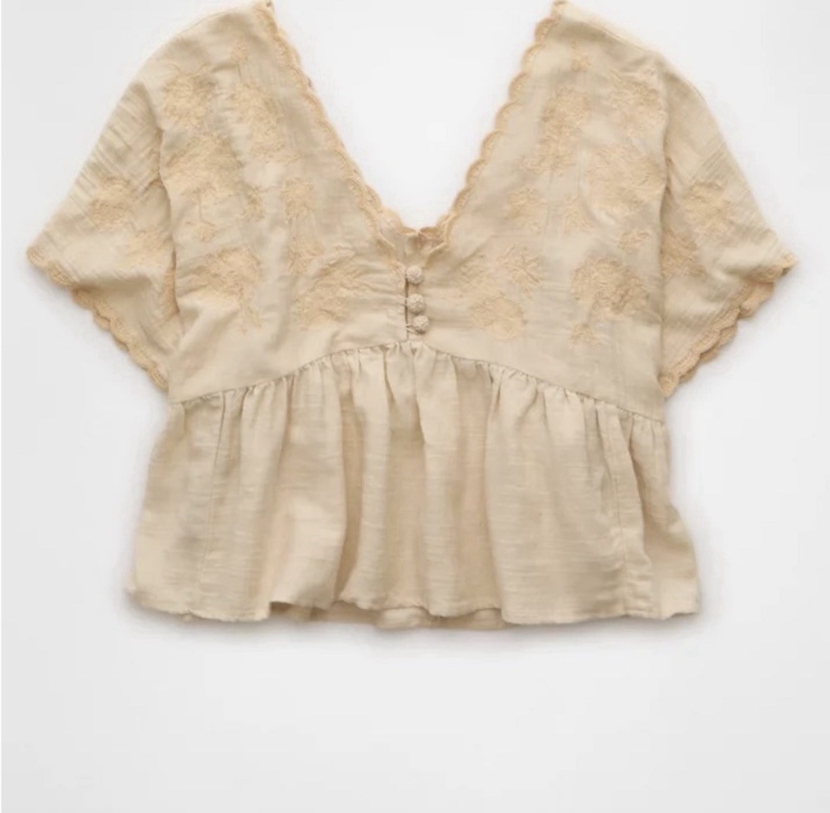 AE Beige Embroidered V-Neck Flowy Blouse Size Xs