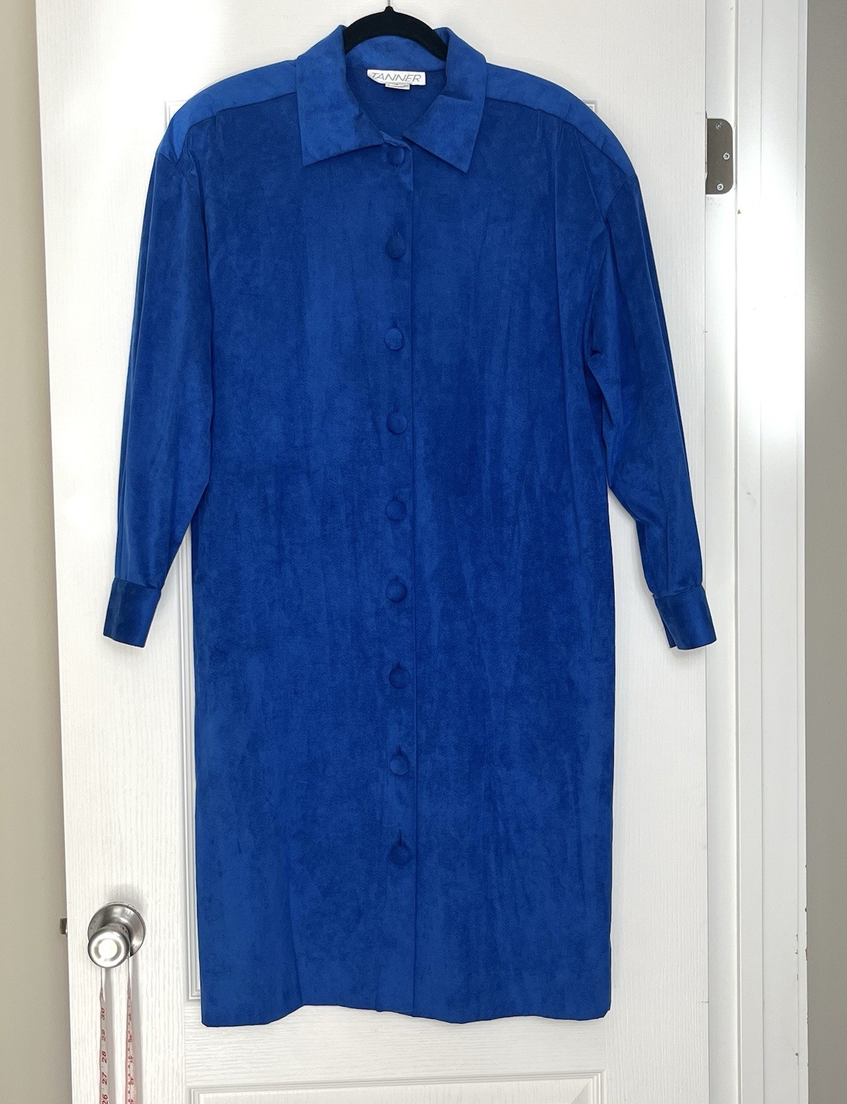 VTG Tanner Royal Blue Faux Suede Button Shift Dress Size 12 Long Sleeve Collared