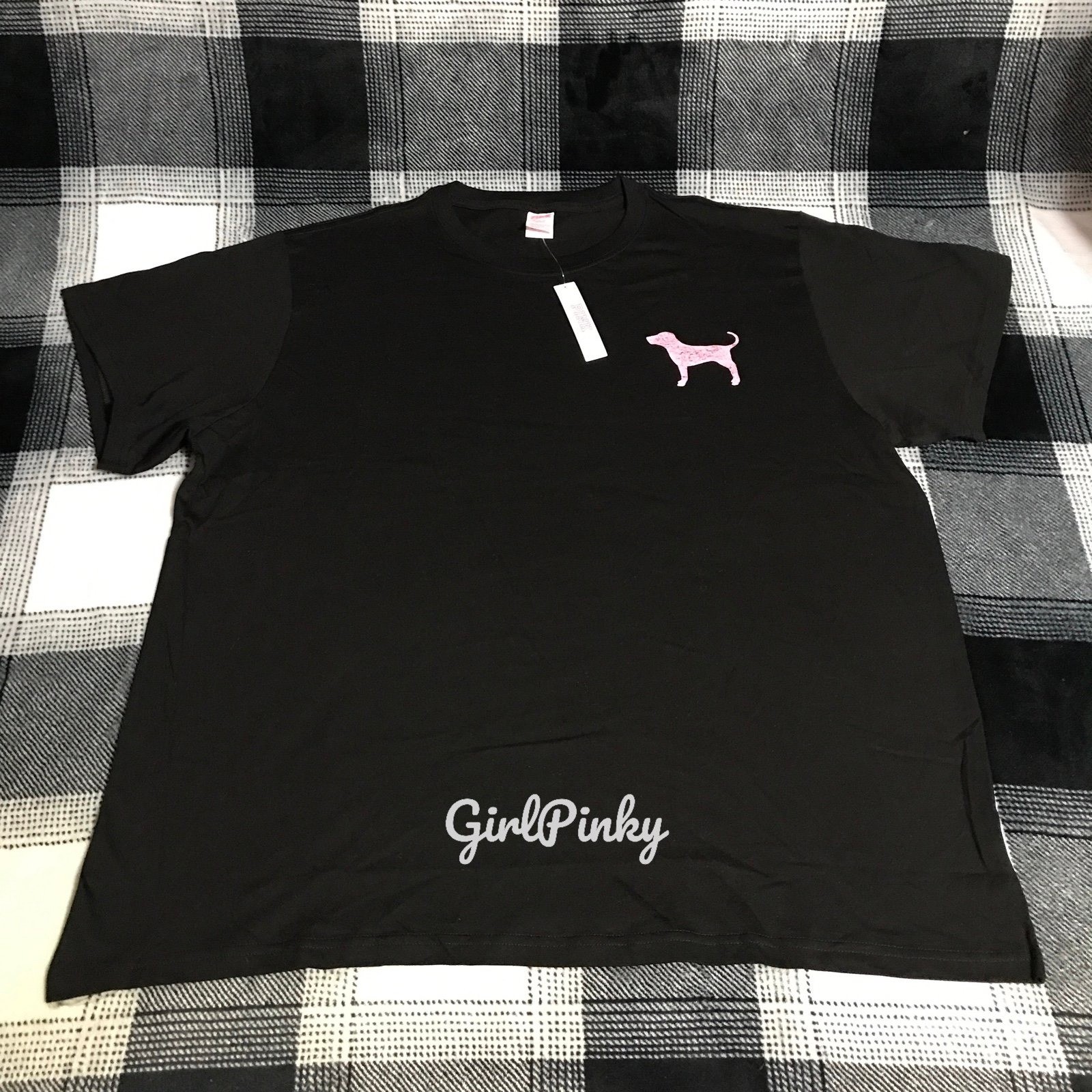 VS PINK BLACK FRIDAY SS CAMPUS COTTON TEE IN BLACK PINK & MINI DOG LOGO LARGE