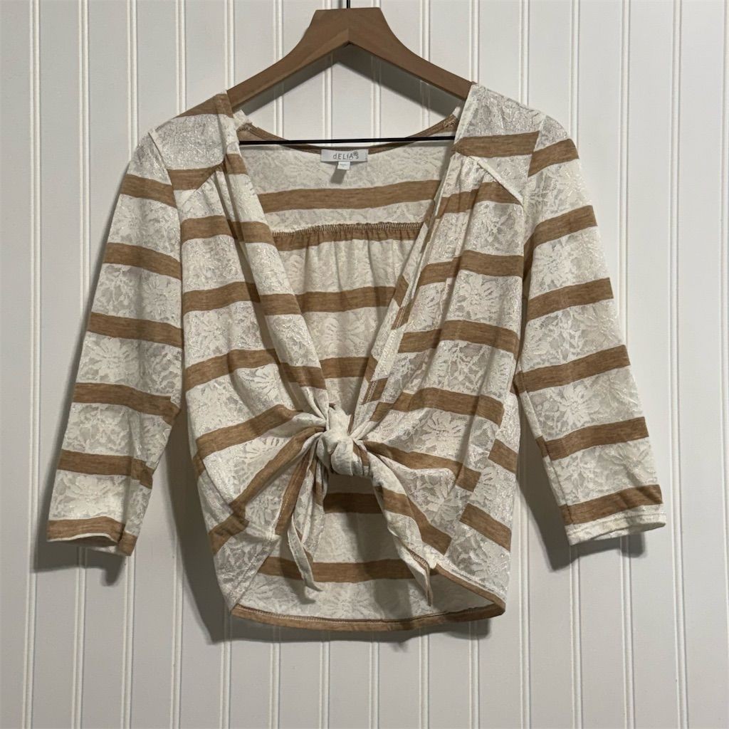Vtg dELiA*s L Lace Sheer Stripe Tie Front Crop Top Y2K Mesh Cardigan Indie