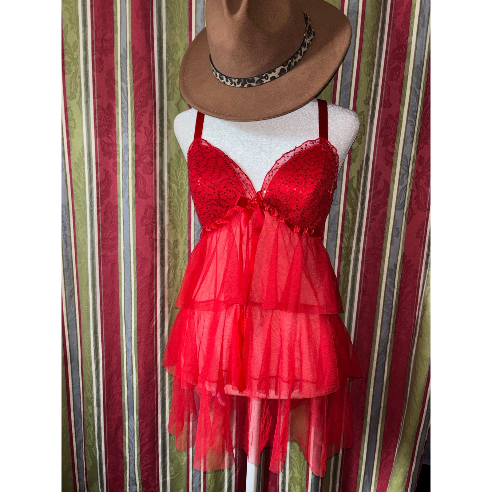 3 Beautiful Red Satin Babydoll Cami Lace Trim Y2K Lingerie Top Size Small