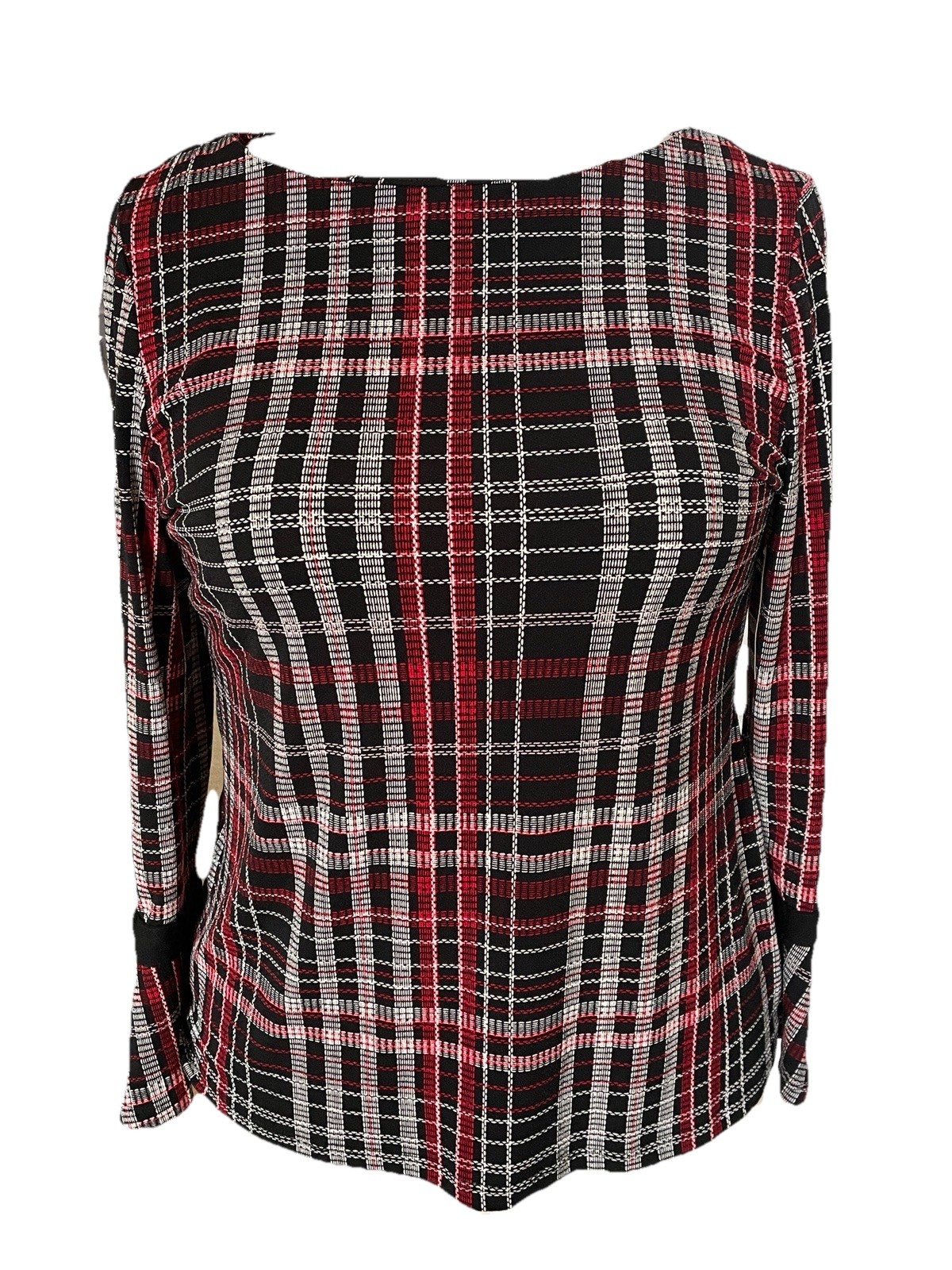 Charter Club Holiday Plaid Jersey Knit Bow Bell Sleeve Top Black Red White PL