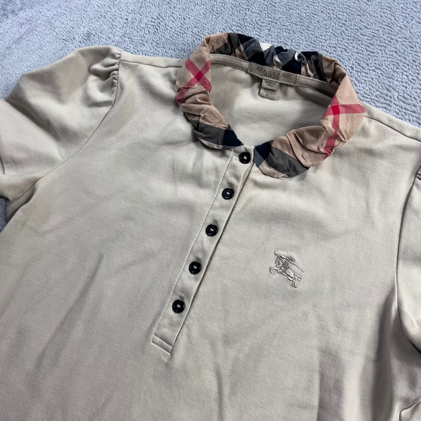 Burberry Brit Womens Polo Shirt Tan Beige Nova Check Ruffle Collar Size M