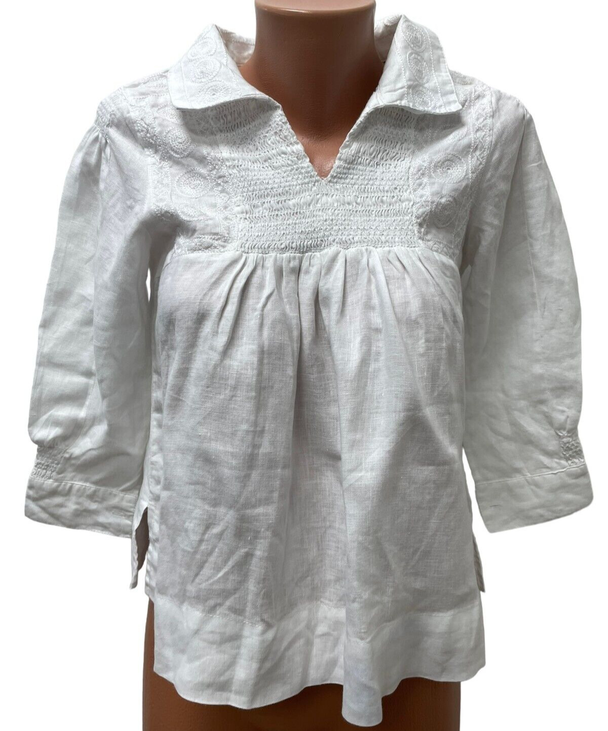 SEE by CHLOE size XS DE 34 US 2 100% LINEN Shirt Blouse Top EMbroidered White