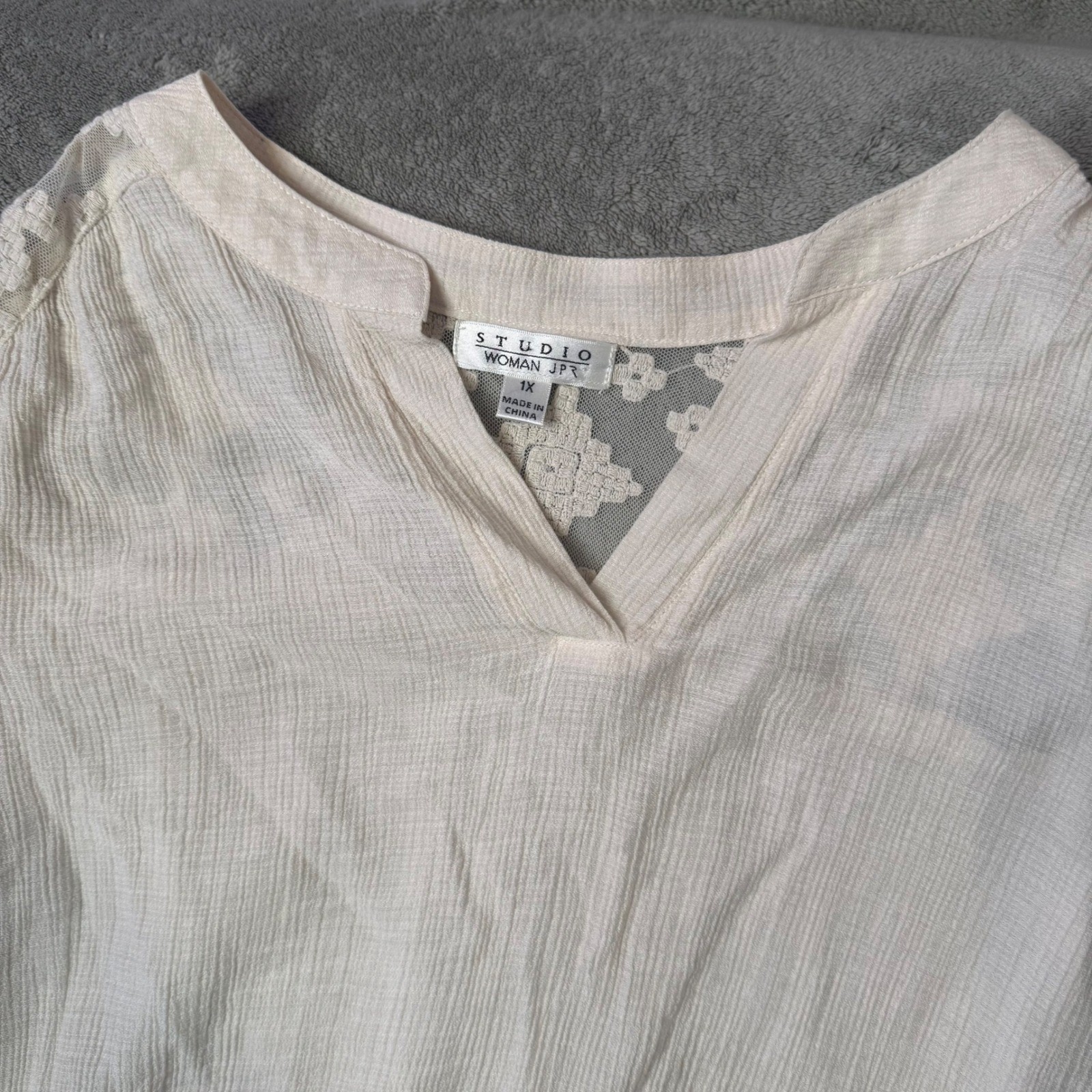 BOHO Cottagecore Lace Crochet Crinkle Gauze Peasant Tunic Top Womens 1X Ethereal