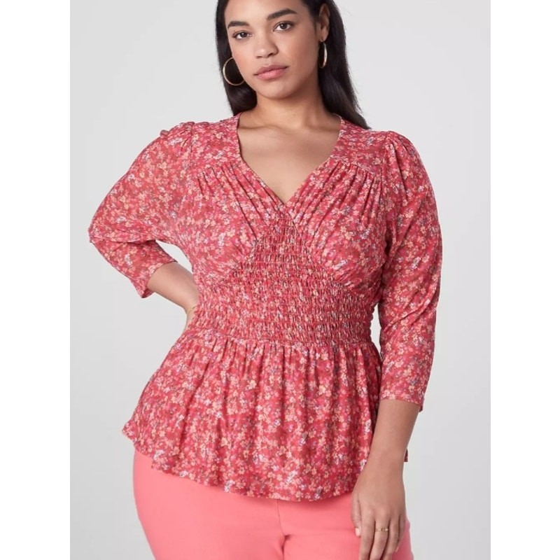 Lane Bryant Red Ditsy Floral Fitted Smocked Mesh Top 1X Boho Casual Bodycon NEW