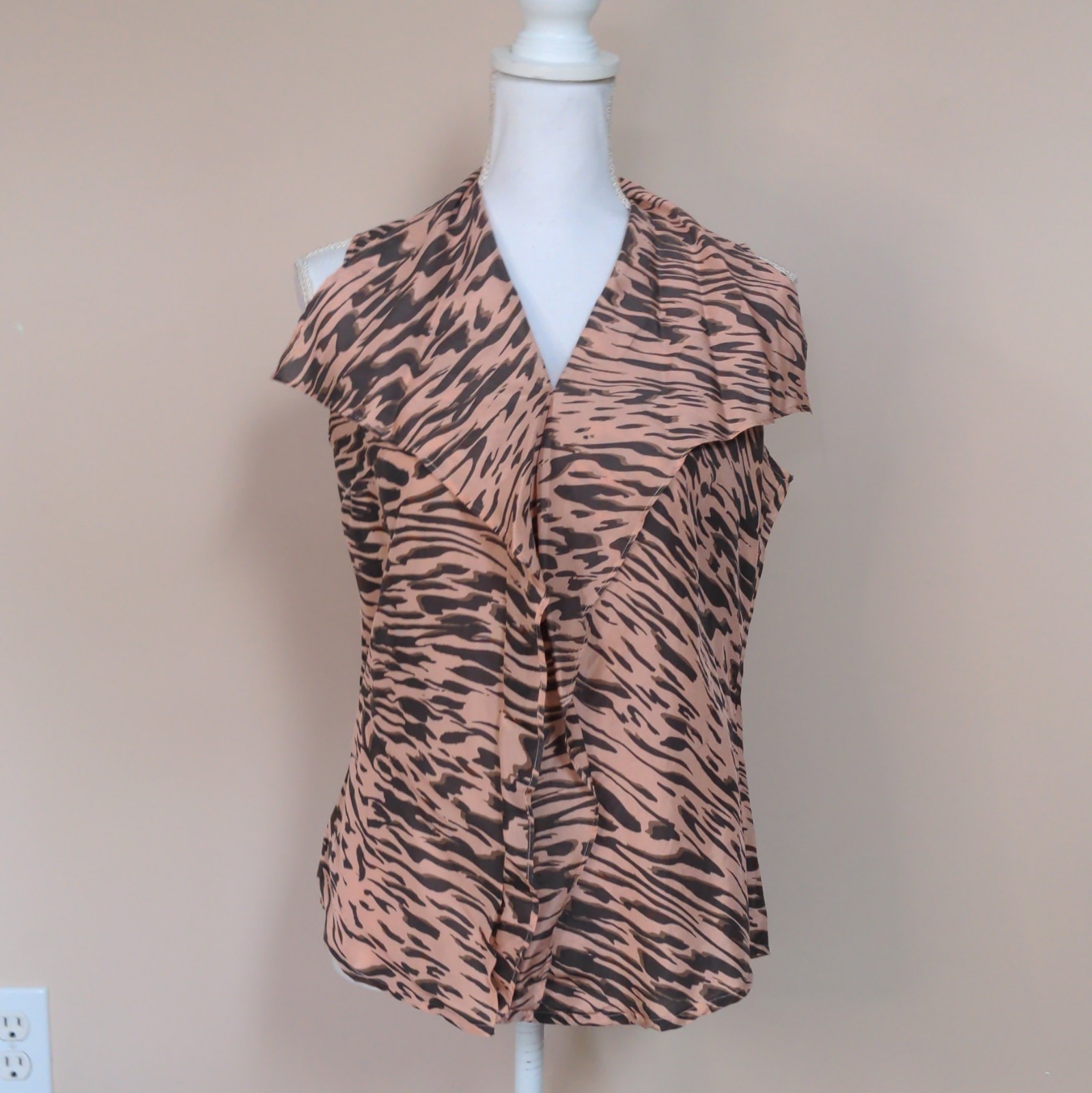 CAbi Women’s Pink Black Animal Print Silk Satin V-Neck Ruffle Button Blouse S
