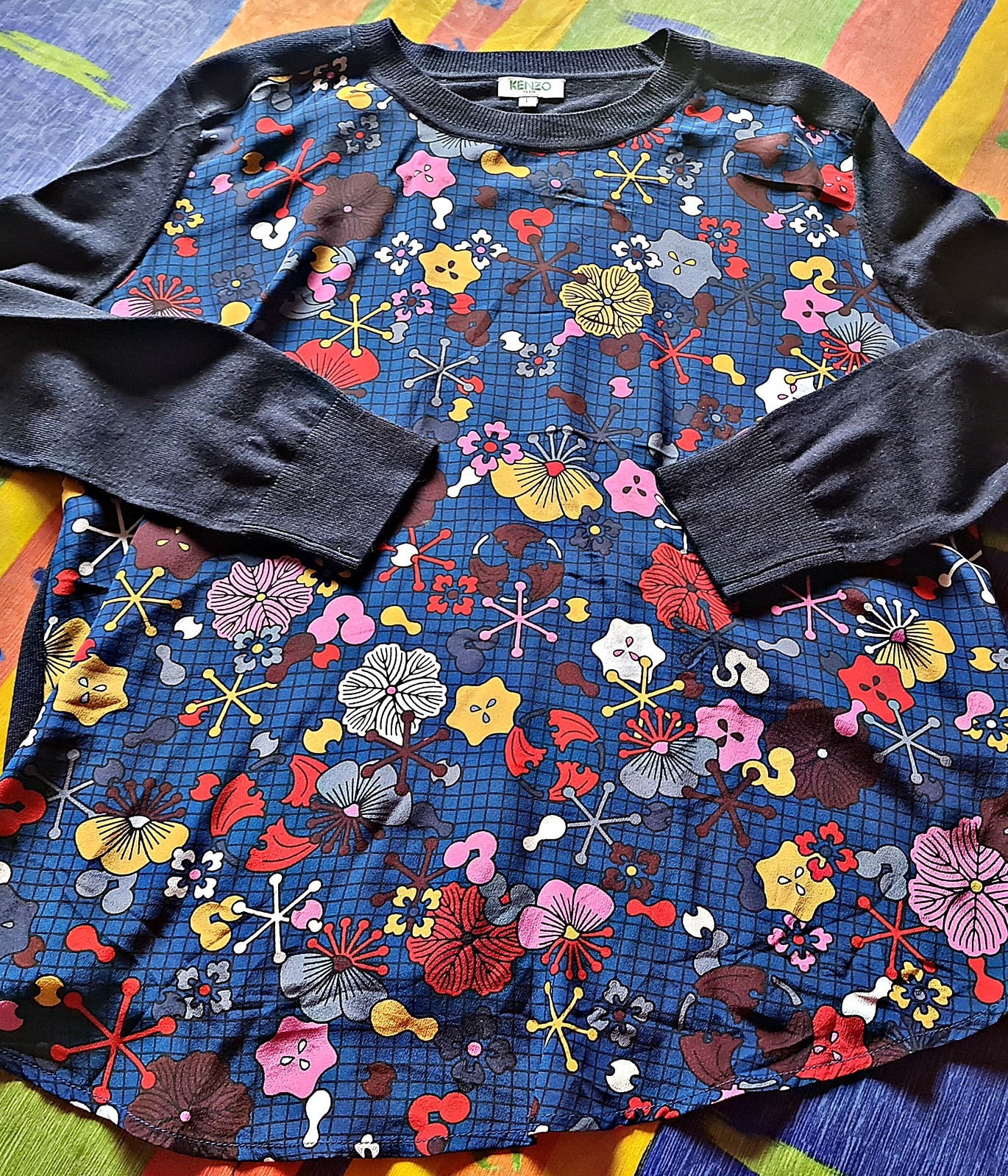BLOUSE FRANCE AUTHENTIC KENZO PARIS FLORAL ART WOOL SILK WOMENS TOP US 12 EU 40
