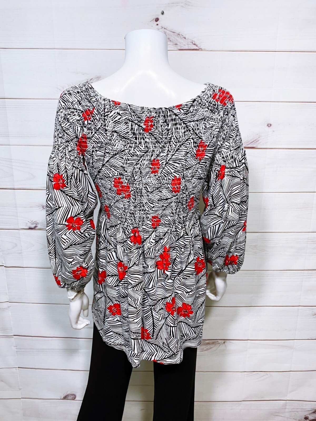J. Jill Womens Top Size M Multicolor Floral Striped Elastic Neck 3/4 Sleeve