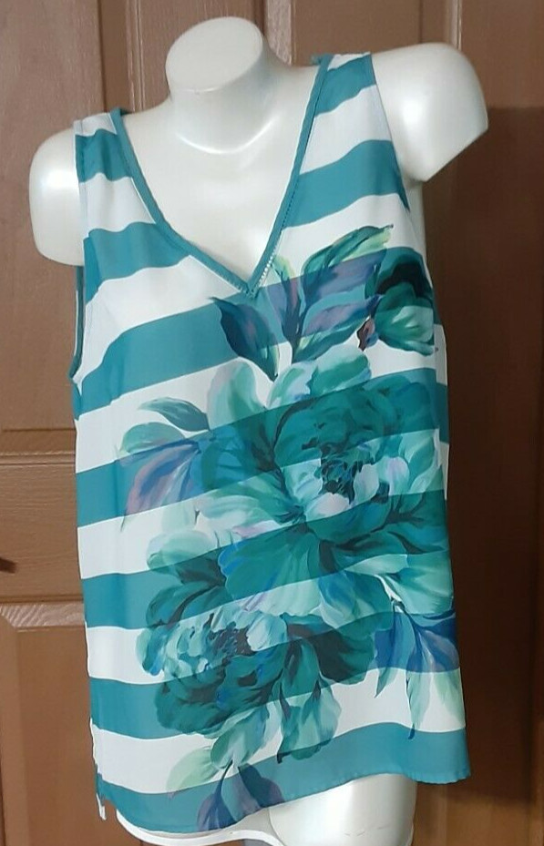 Elle Green and White Striped Floral Print V-Neck Sleeveless Blouse Size L NWT
