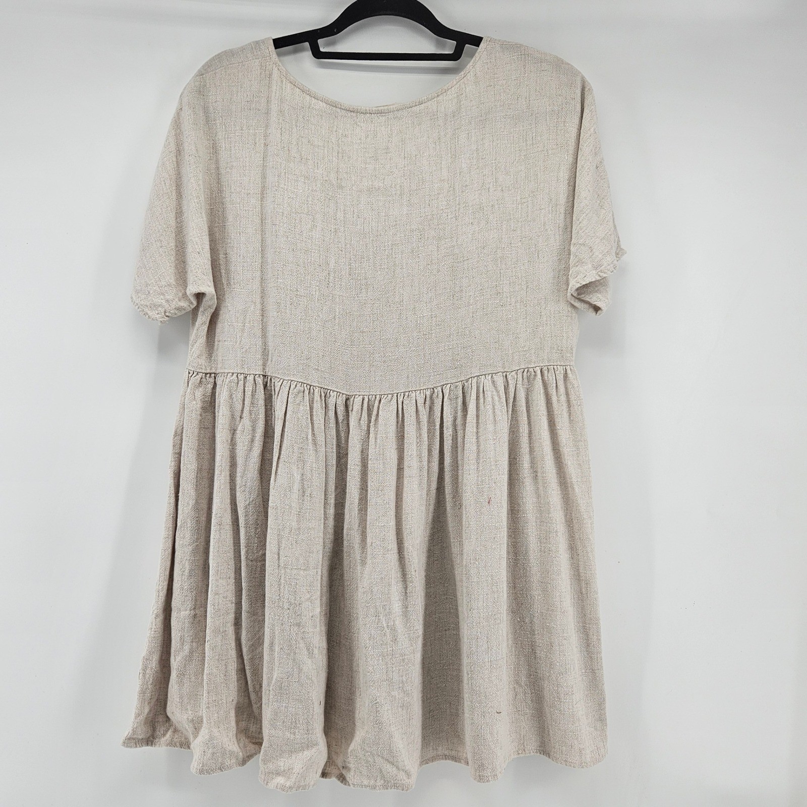 Lagenlook Oatmeal Linen Blend Babydoll Tunic Top Pockets Small Oversized