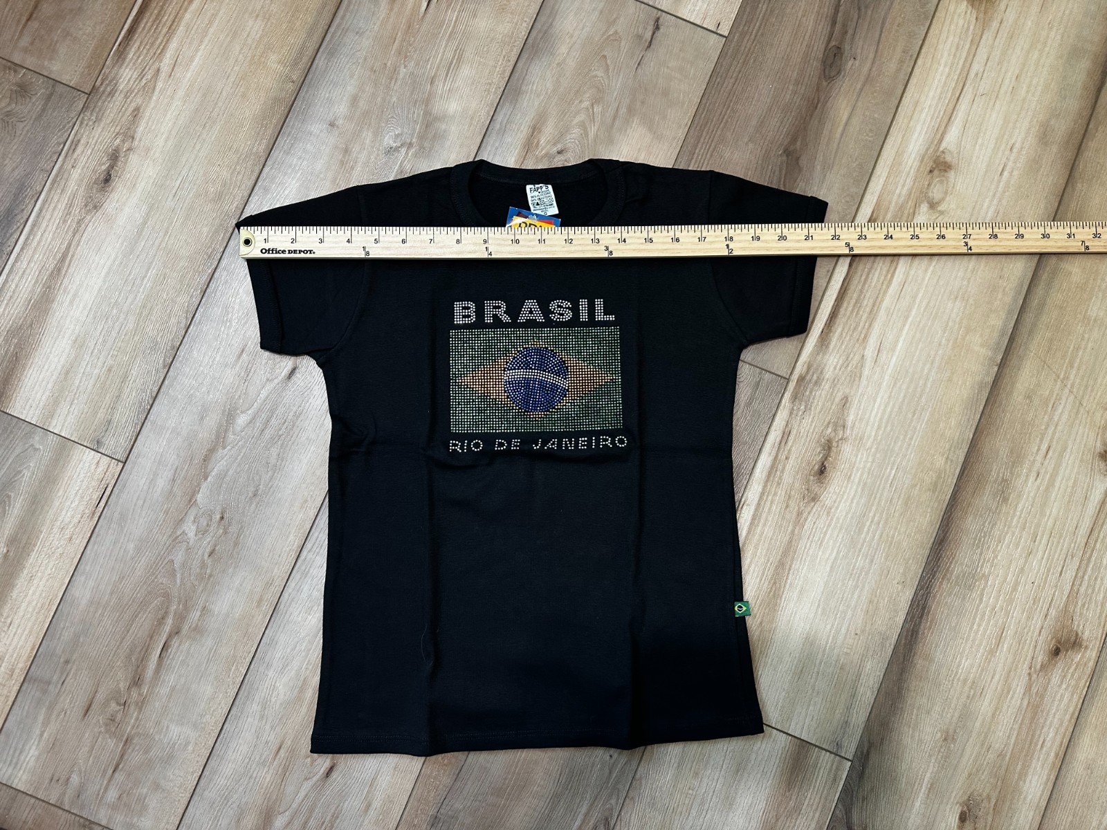 Brazil Rio de Janeiro Rhinestone Tee Shirt Black Fitted Stretch Top Made In Braz