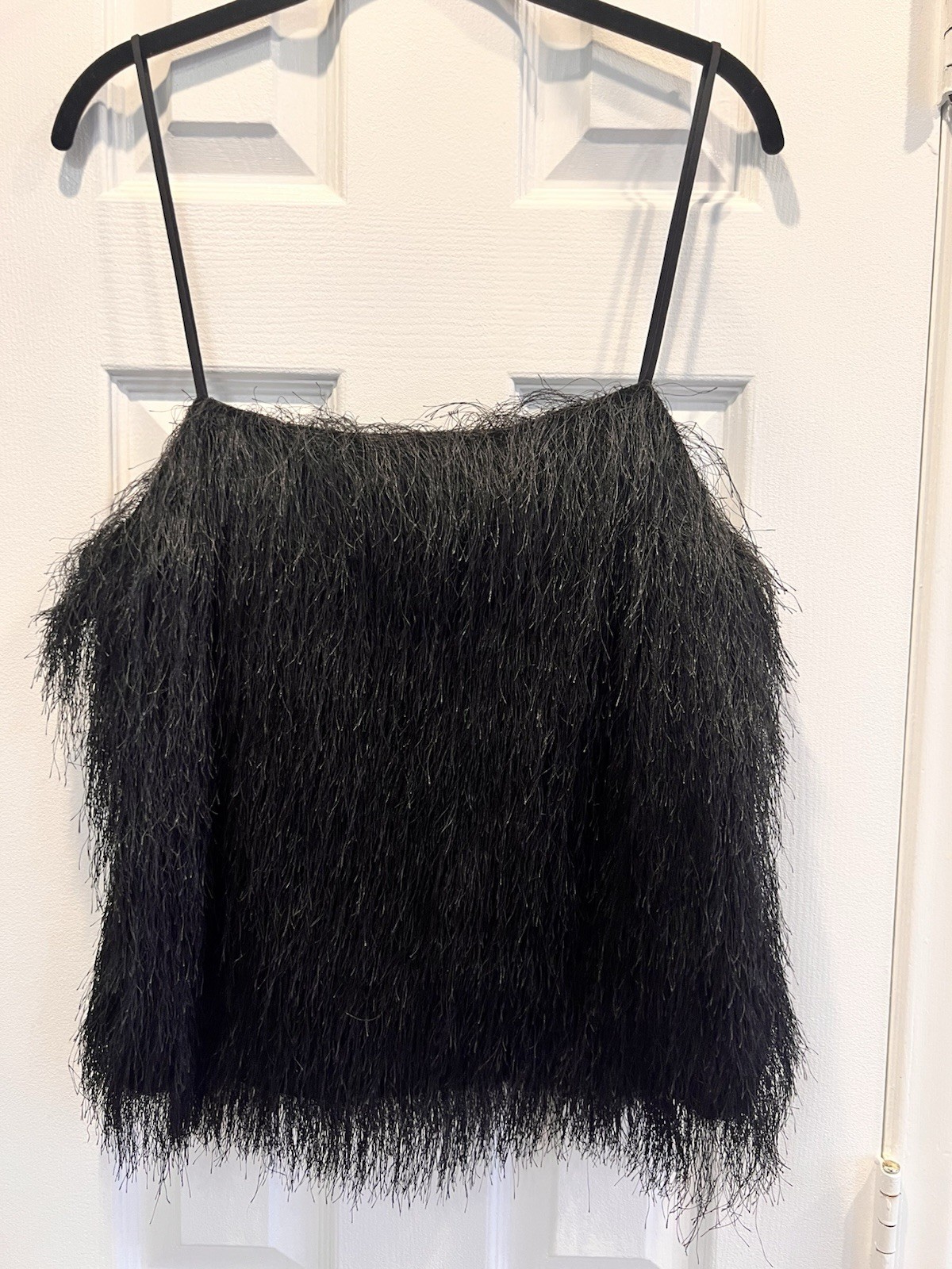 H&M Black Fringed Strappy Cami Top Fluffy Shaggy Tank Size Medium