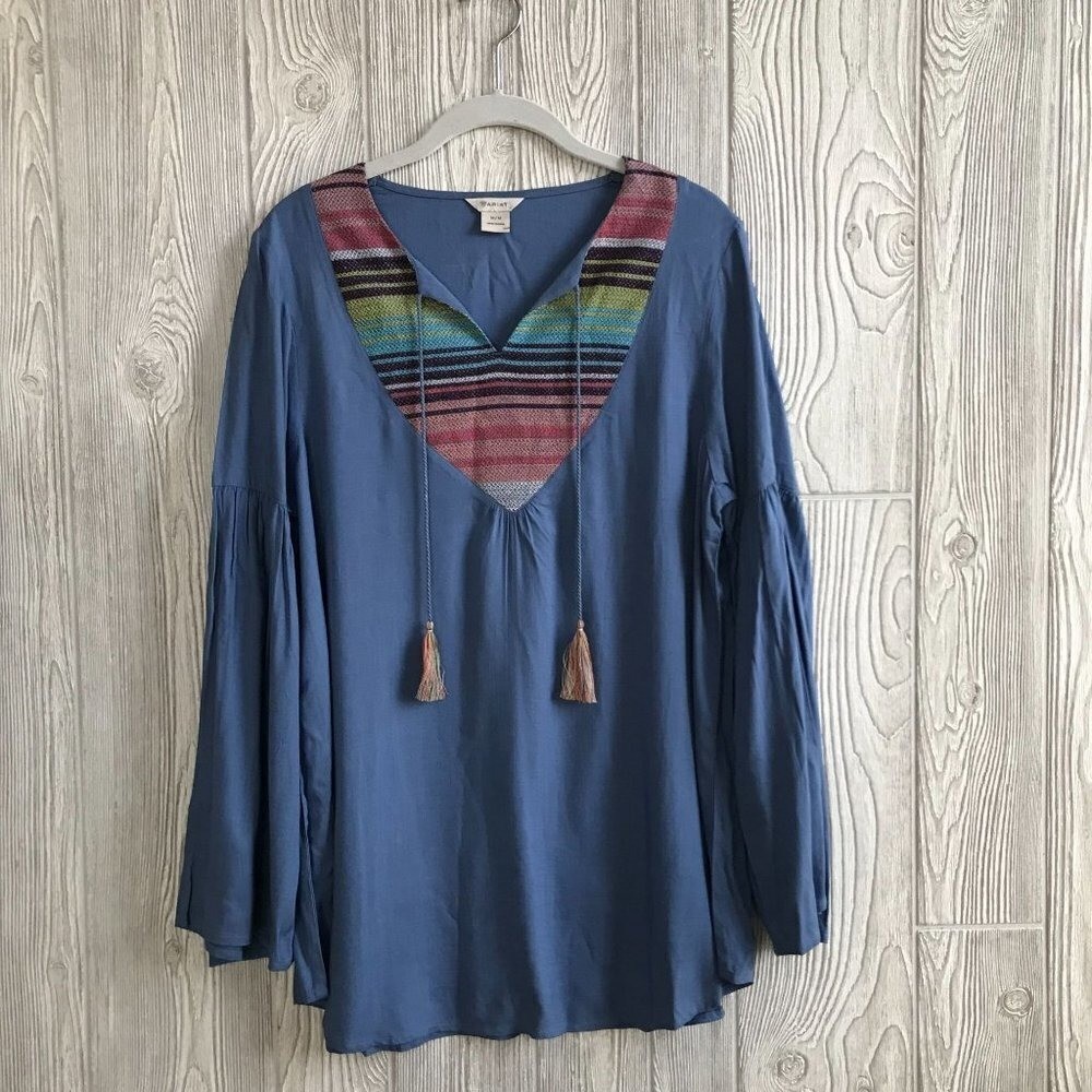 Ariat Boho Western Embroidered Tunic Top w/ Flared Sleeves Tassels – Medium