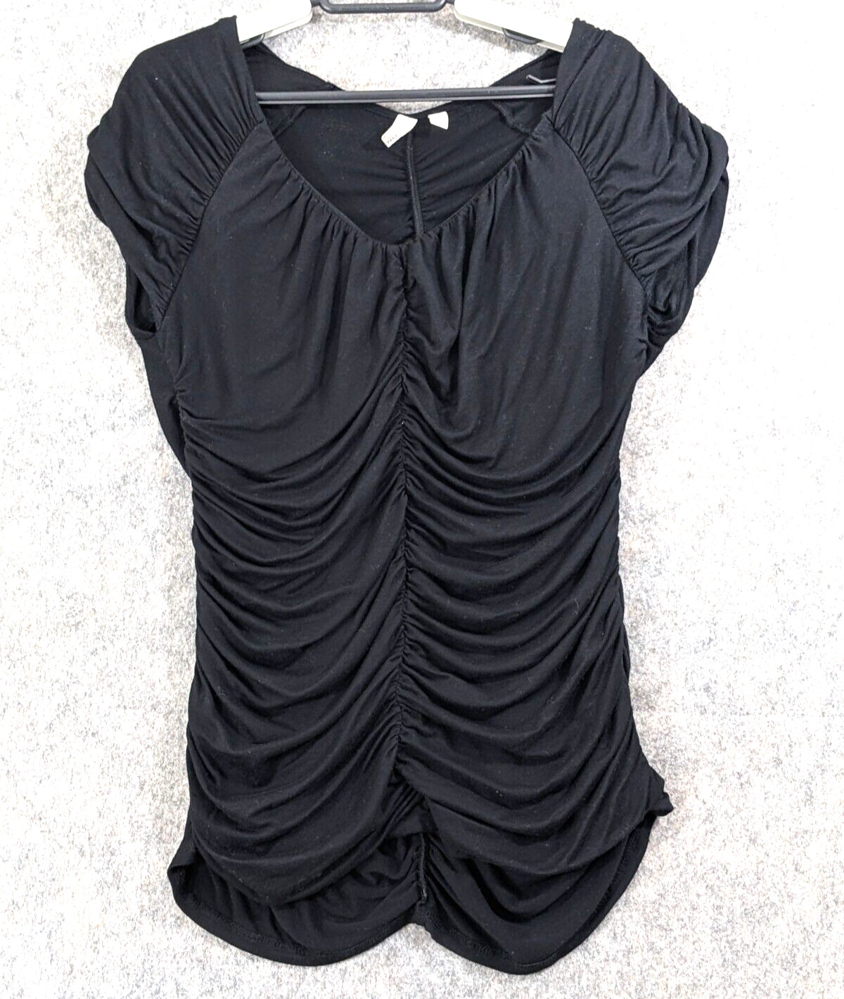 Madison Top Women Medium Black Knit Pullover Ruched Short Raglan Sleeve Flirty