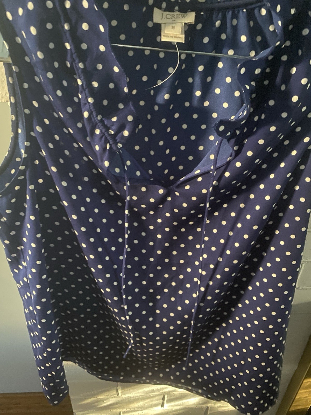 NWOT Sz 8 J. Crew Navy Blue And White Polka Dot Blouse With Drawstring Closure